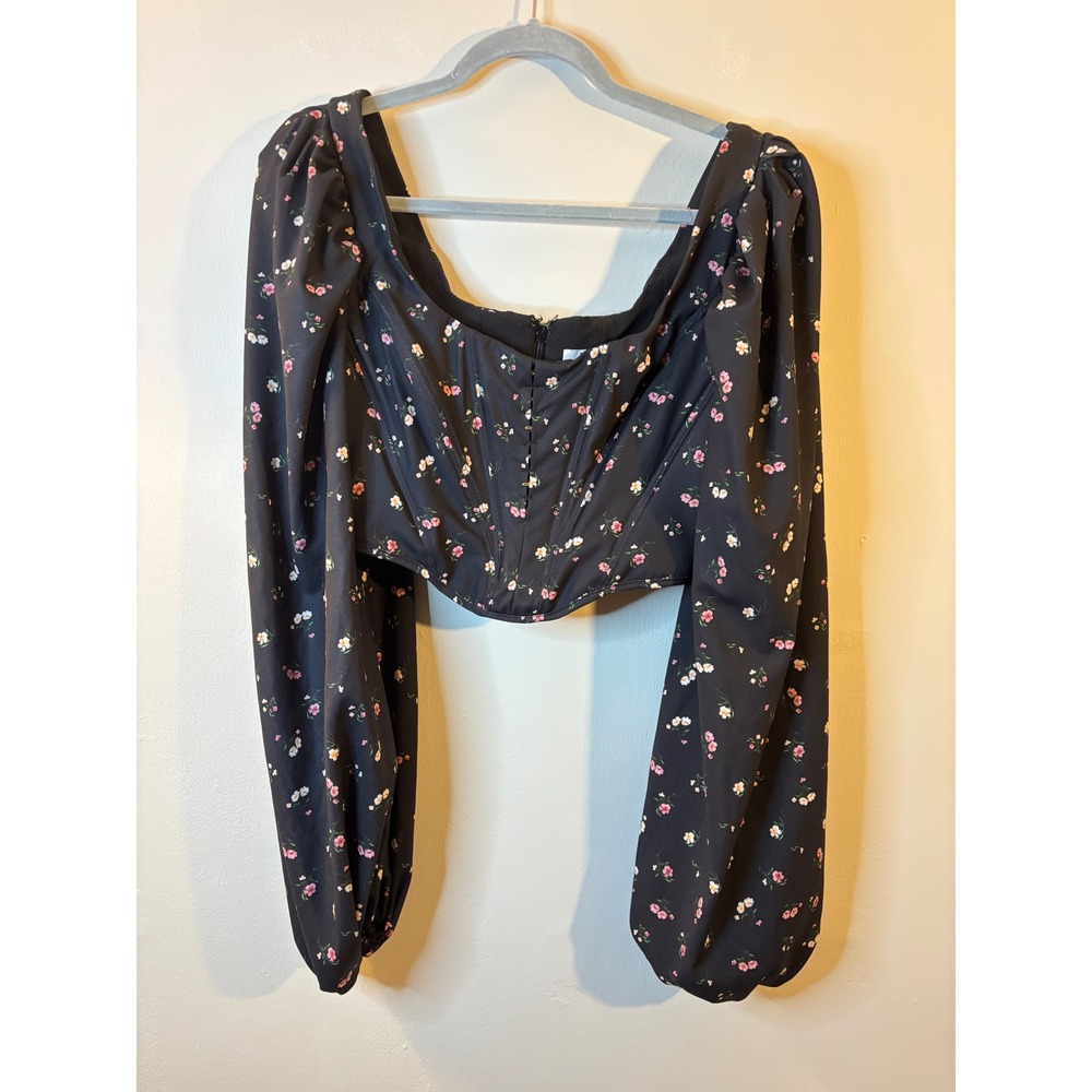 House Of CB Black & Pink Floral Balloon Puff Sleeve Crop Top M Coraet